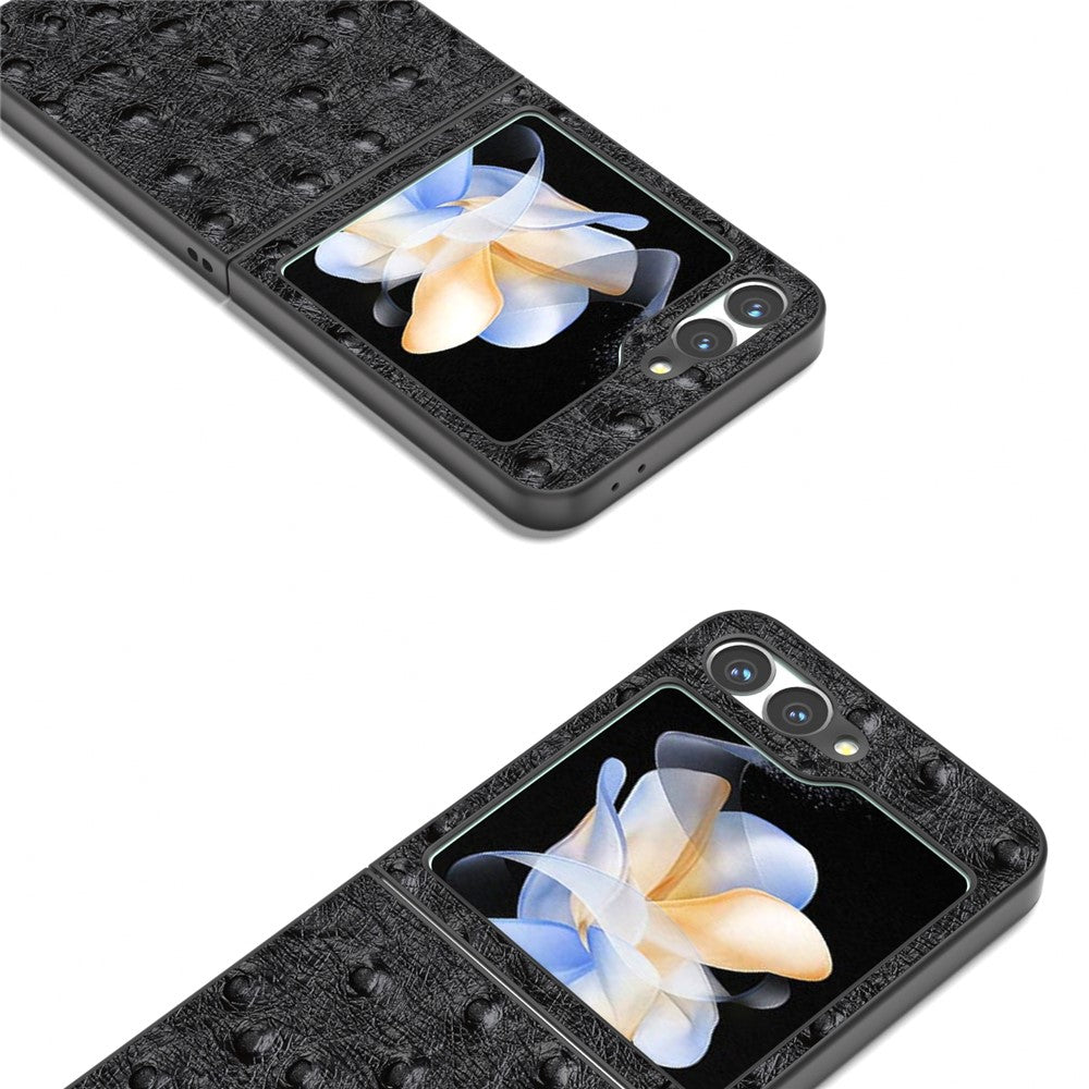 ABEEL For Samsung Galaxy Z Flip7 FE 5G / Z Flip6 5G Case Ostrich Texture Genuine Cow Leather Back Cover - Black