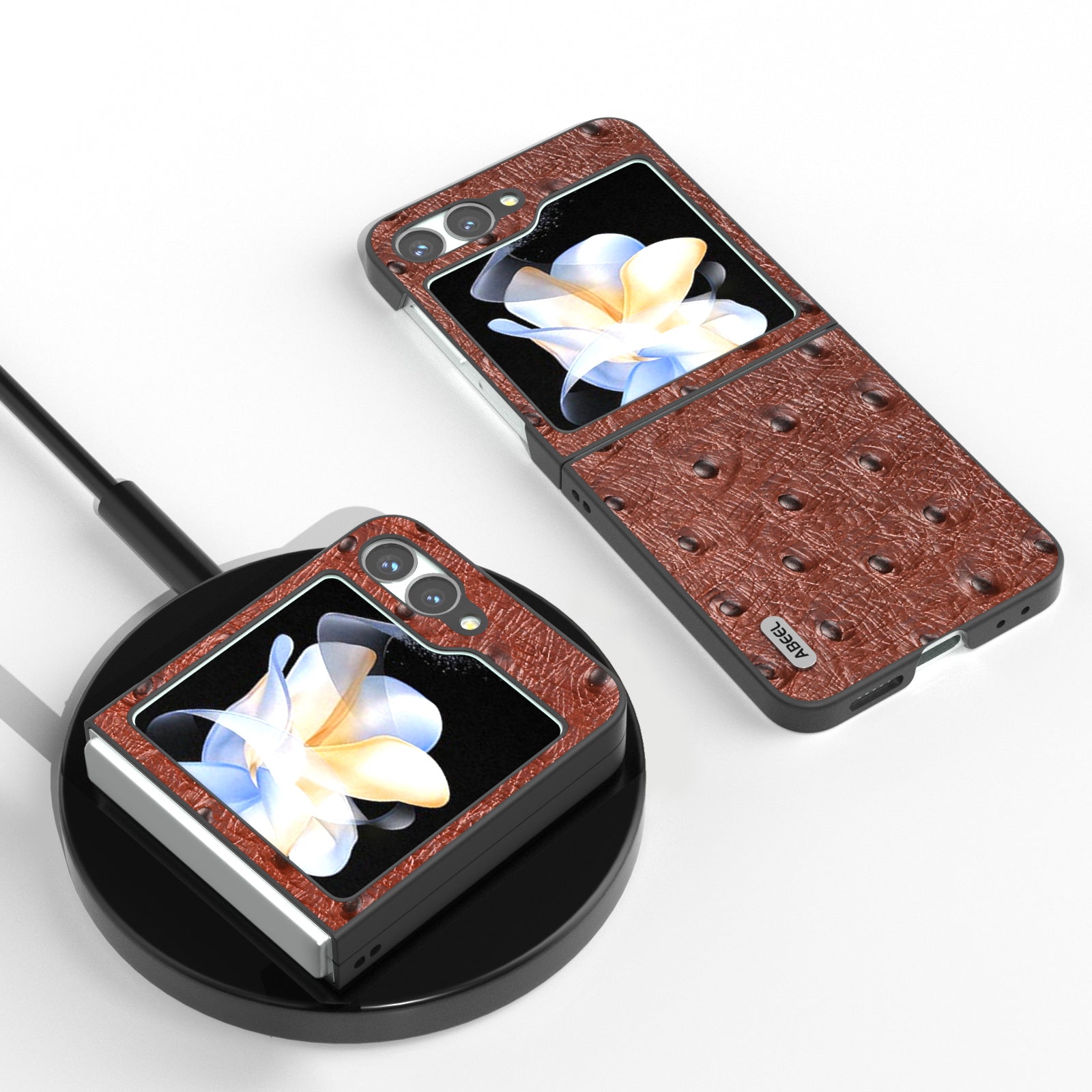ABEEL For Samsung Galaxy Z Flip6 5G Case Ostrich Texture Genuine Cow Leather Back Cover - Coffee