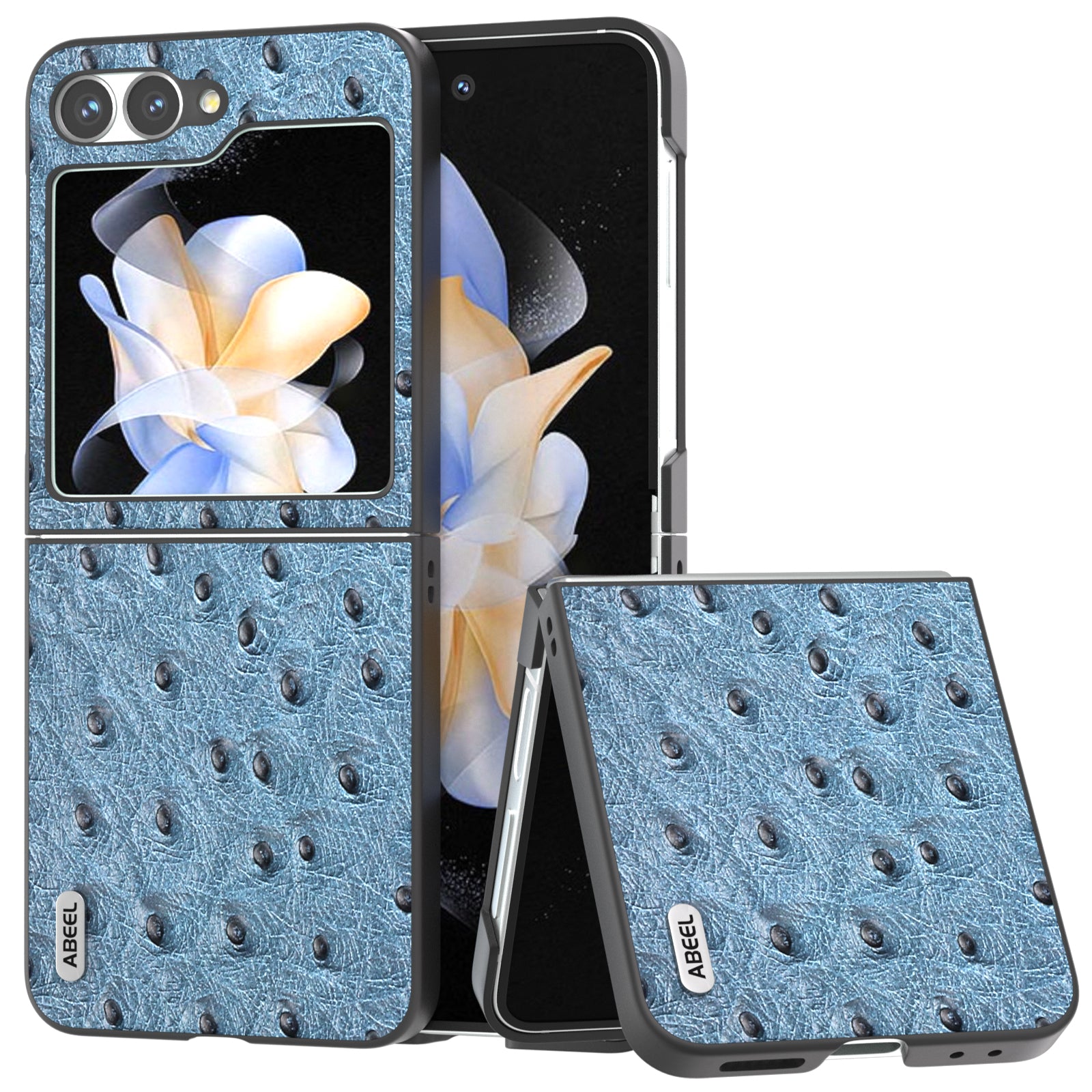 ABEEL For Samsung Galaxy Z Flip6 5G Case Ostrich Texture Genuine Cow Leather Back Cover - Blue