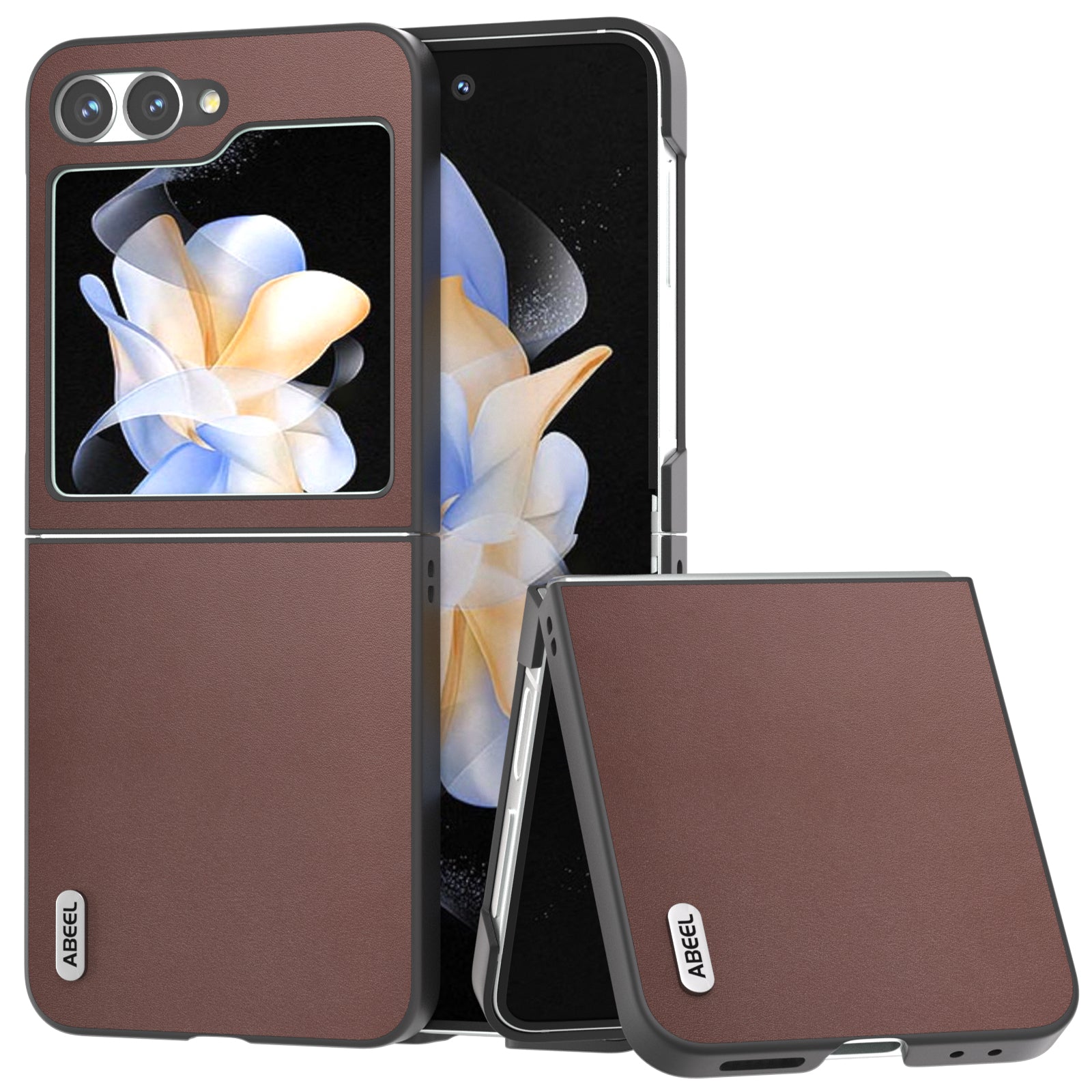 ABEEL For Samsung Galaxy Z Flip6 5G Case Genuine Cow Leather Coated PC Folding Phone Cover - Coffee