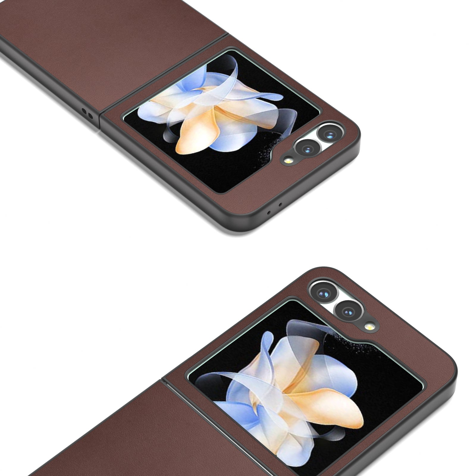 ABEEL For Samsung Galaxy Z Flip6 5G Case Genuine Cow Leather Coated PC Folding Phone Cover - Coffee