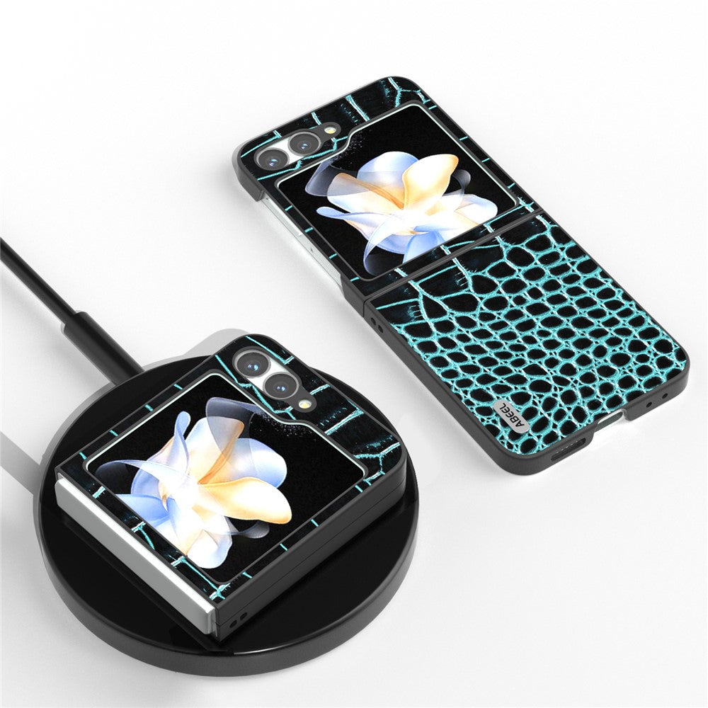 ABEEL For Samsung Galaxy Z Flip7 FE 5G / Z Flip6 5G Case Crocodile Texture Genuine Cow Leather Hard PC Cover - Midnight Green