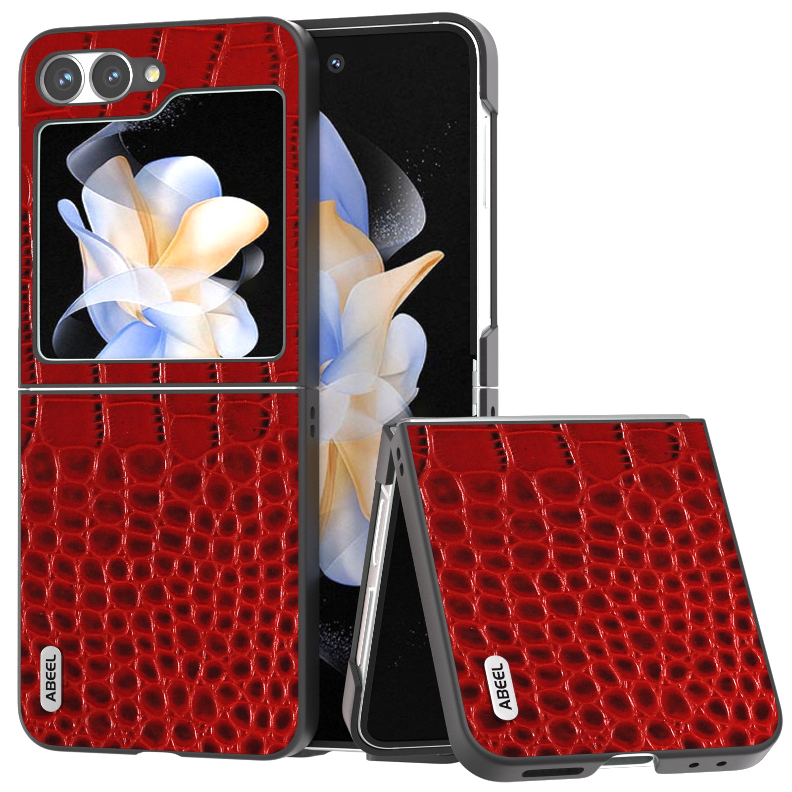 ABEEL For Samsung Galaxy Z Flip6 5G Case Crocodile Texture Genuine Cow Leather Hard PC Cover - Red