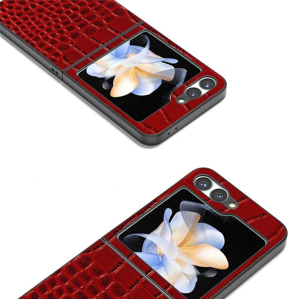 ABEEL For Samsung Galaxy Z Flip7 FE 5G / Z Flip6 5G Case Crocodile Texture Genuine Cow Leather Hard PC Cover - Red