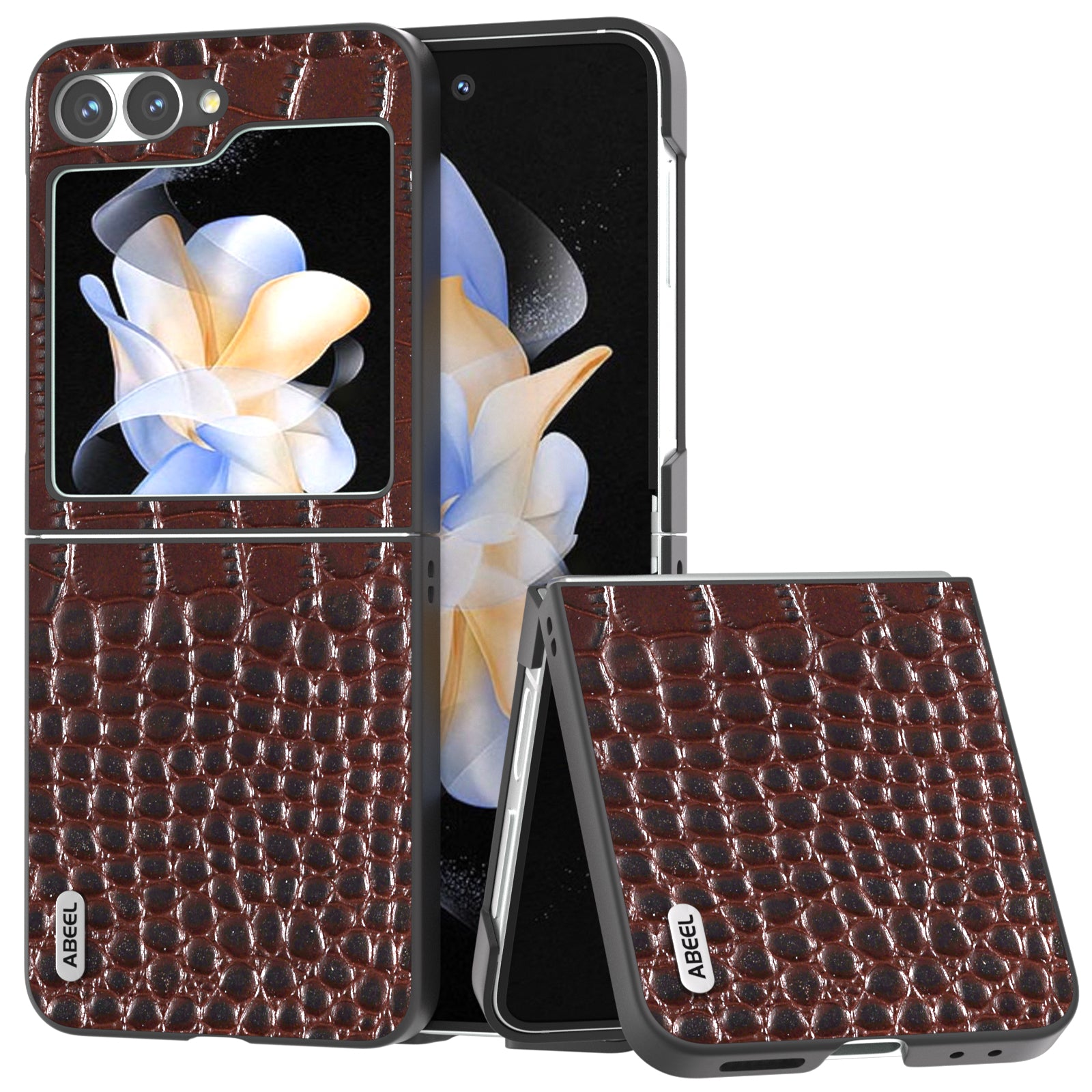 ABEEL For Samsung Galaxy Z Flip6 5G Case Crocodile Texture Genuine Cow Leather Hard PC Cover - Coffee