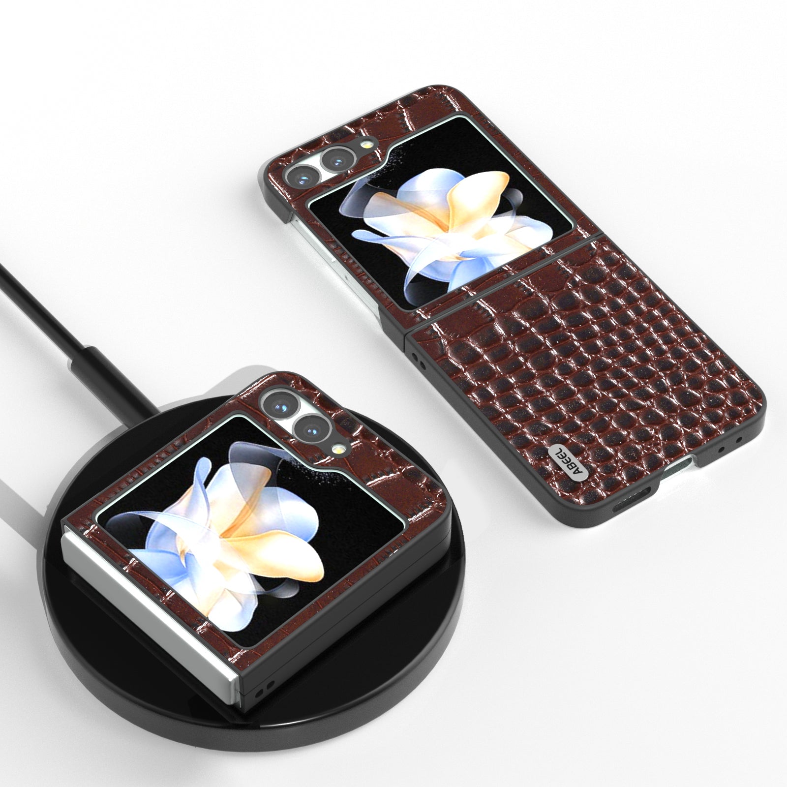 ABEEL For Samsung Galaxy Z Flip6 5G Case Crocodile Texture Genuine Cow Leather Hard PC Cover - Coffee