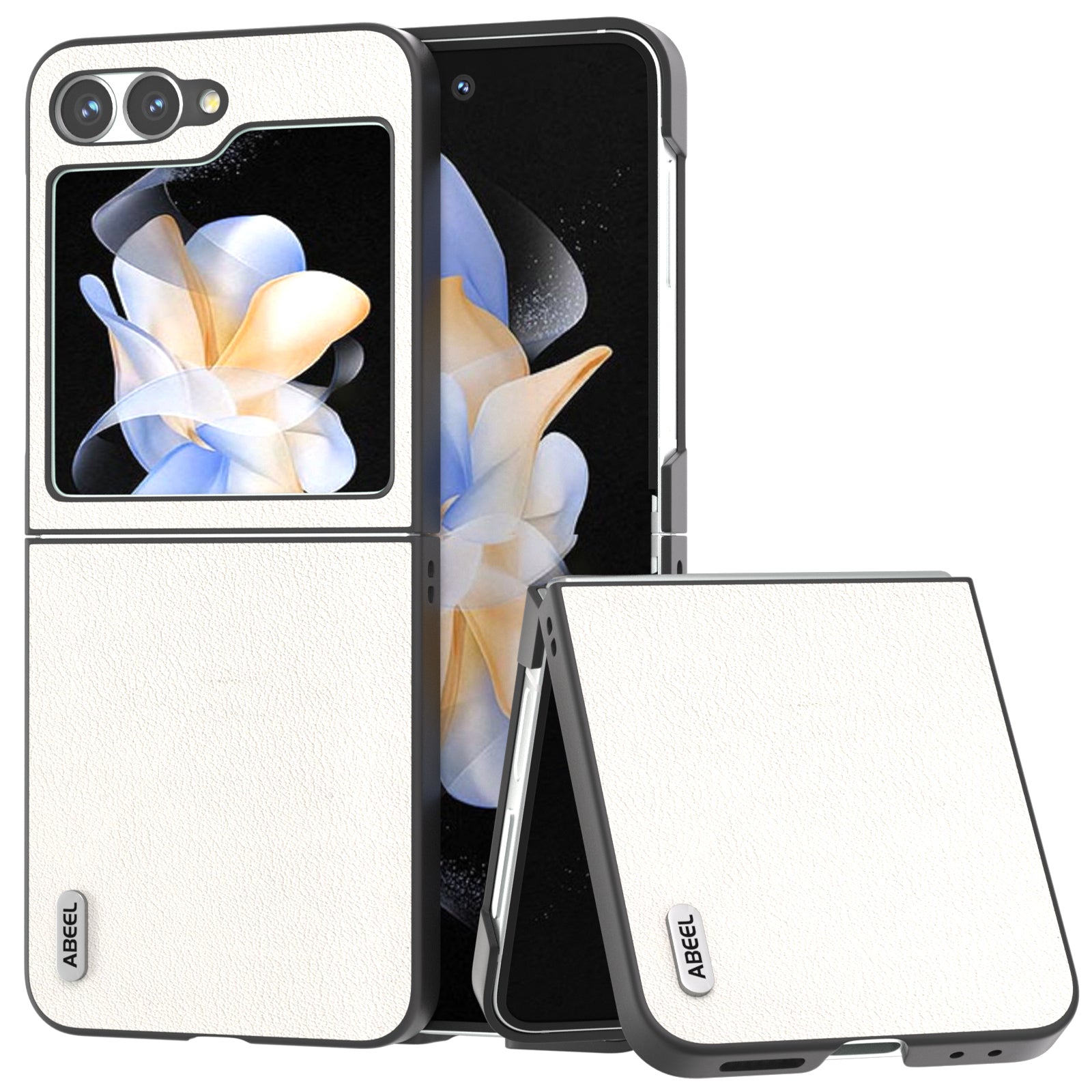 ABEEL For Samsung Galaxy Z Flip6 5G Case Genuine Cow Leather Coated PC Folding Phone Cover - Grey White