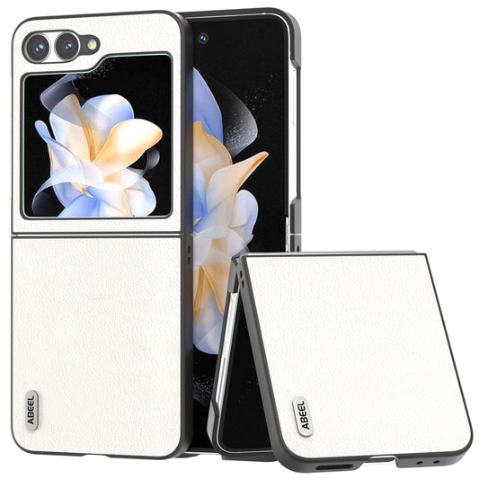 ABEEL For Samsung Galaxy Z Flip6 5G Case Genuine Cow Leather Coated PC Folding Phone Cover - Grey White