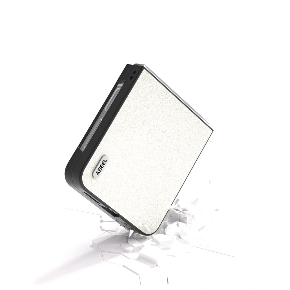 ABEEL For Samsung Galaxy Z Flip7 FE 5G / Z Flip6 5G Case Genuine Cow Leather Coated PC Folding Phone Cover - Grey White