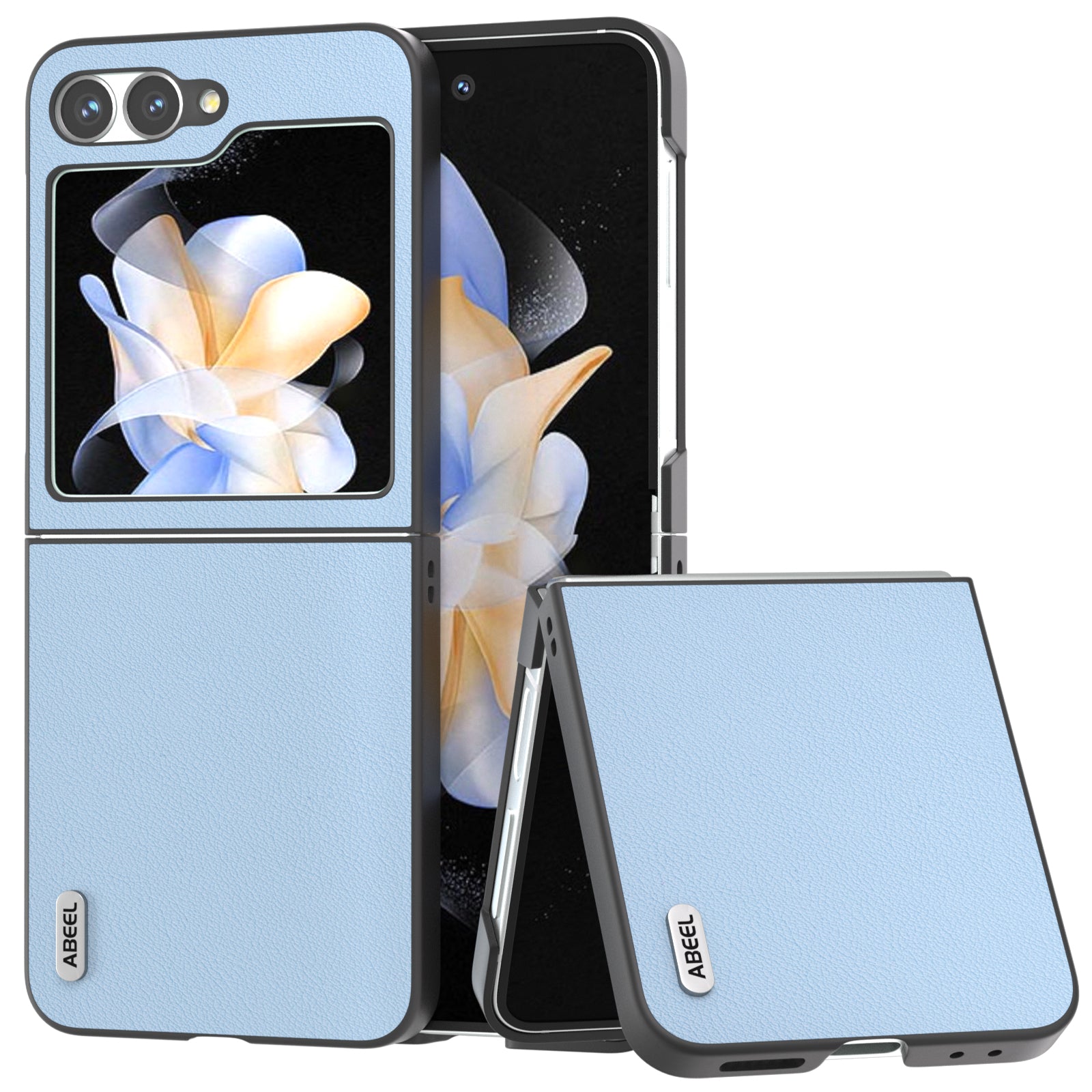 ABEEL For Samsung Galaxy Z Flip6 5G Case Genuine Cow Leather Coated PC Folding Phone Cover - Blue