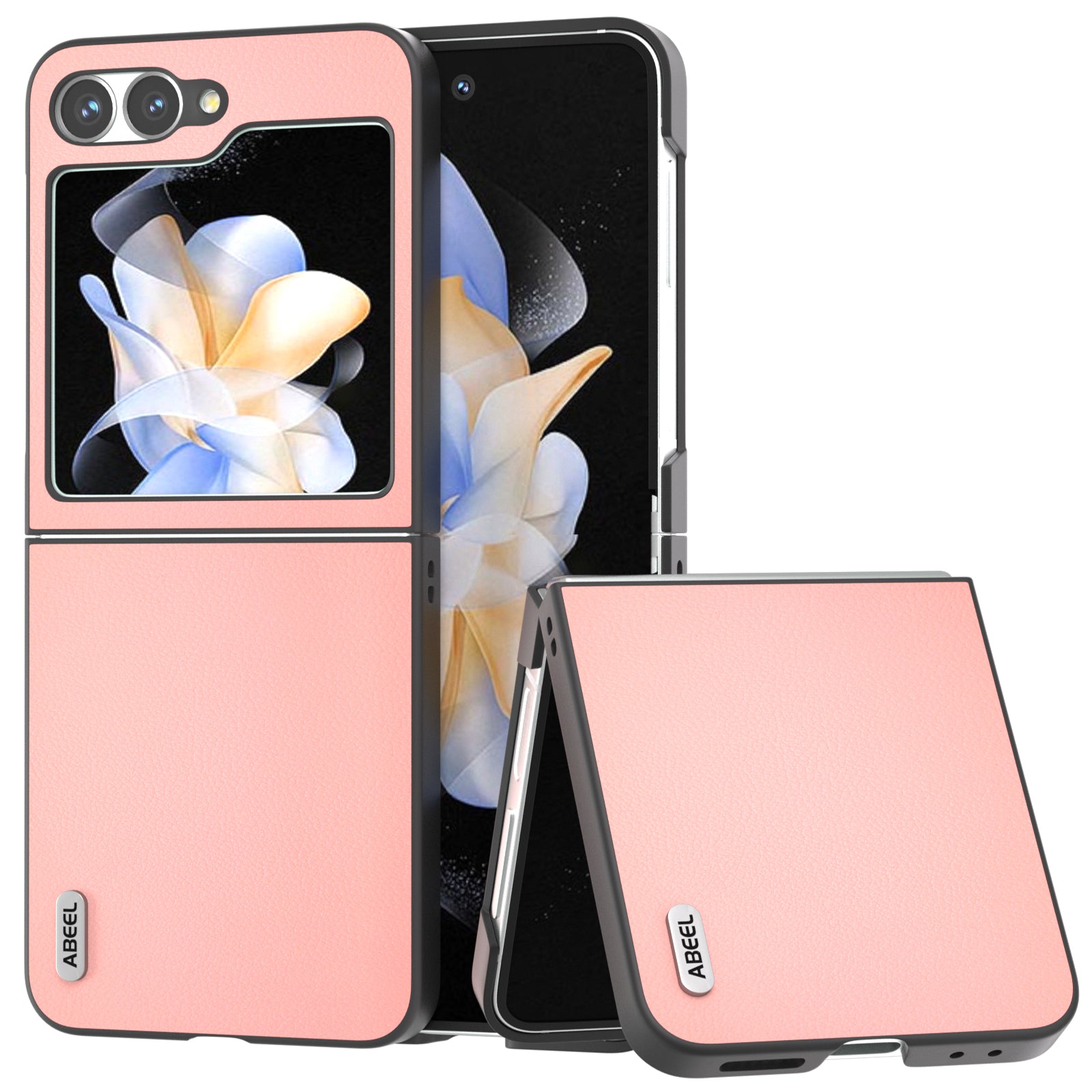 ABEEL For Samsung Galaxy Z Flip6 5G Case Genuine Cow Leather Coated PC Folding Phone Cover - Pink