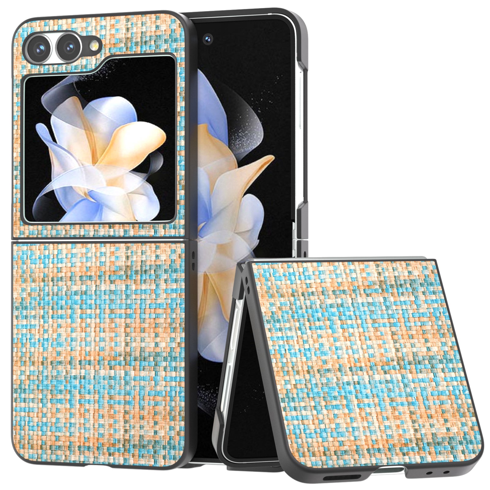 For Samsung Galaxy Z Flip6 5G Case Plaid Texture Leather+PC Folding Phone Cover - Blue
