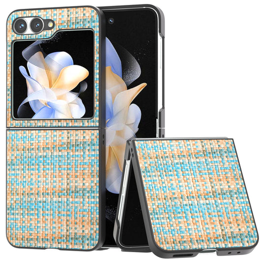 For Samsung Galaxy Z Flip6 5G Case Plaid Texture Leather+PC Folding Phone Cover - Blue