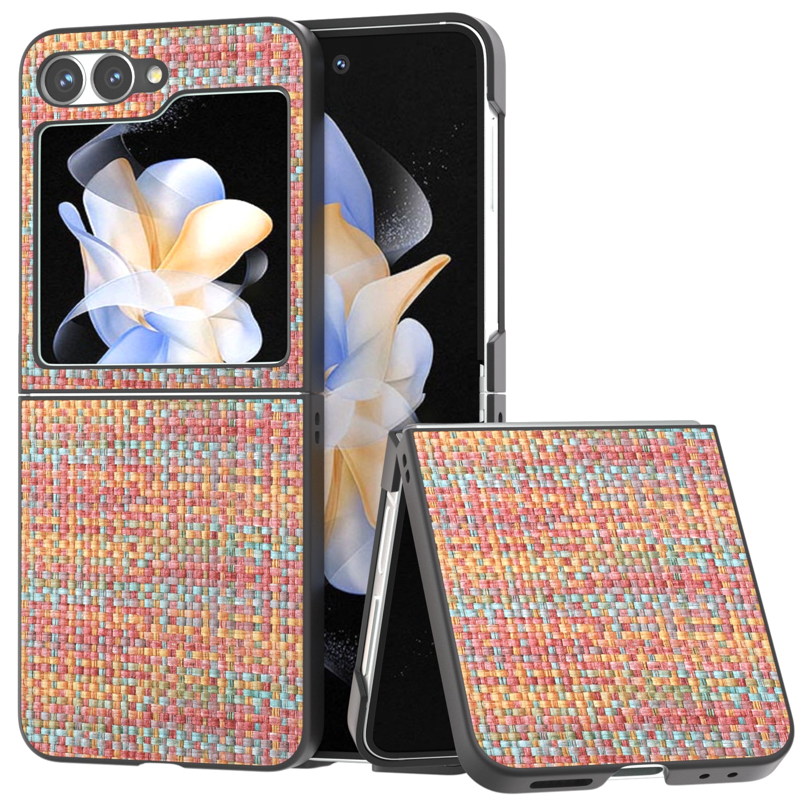 For Samsung Galaxy Z Flip6 5G Case Plaid Texture Leather+PC Folding Phone Cover - Orange Red