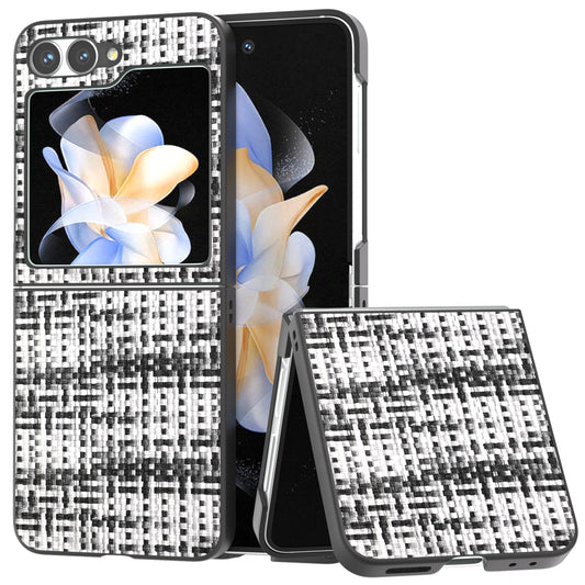 For Samsung Galaxy Z Flip6 5G Case Plaid Texture Leather+PC Folding Phone Cover - Black+White