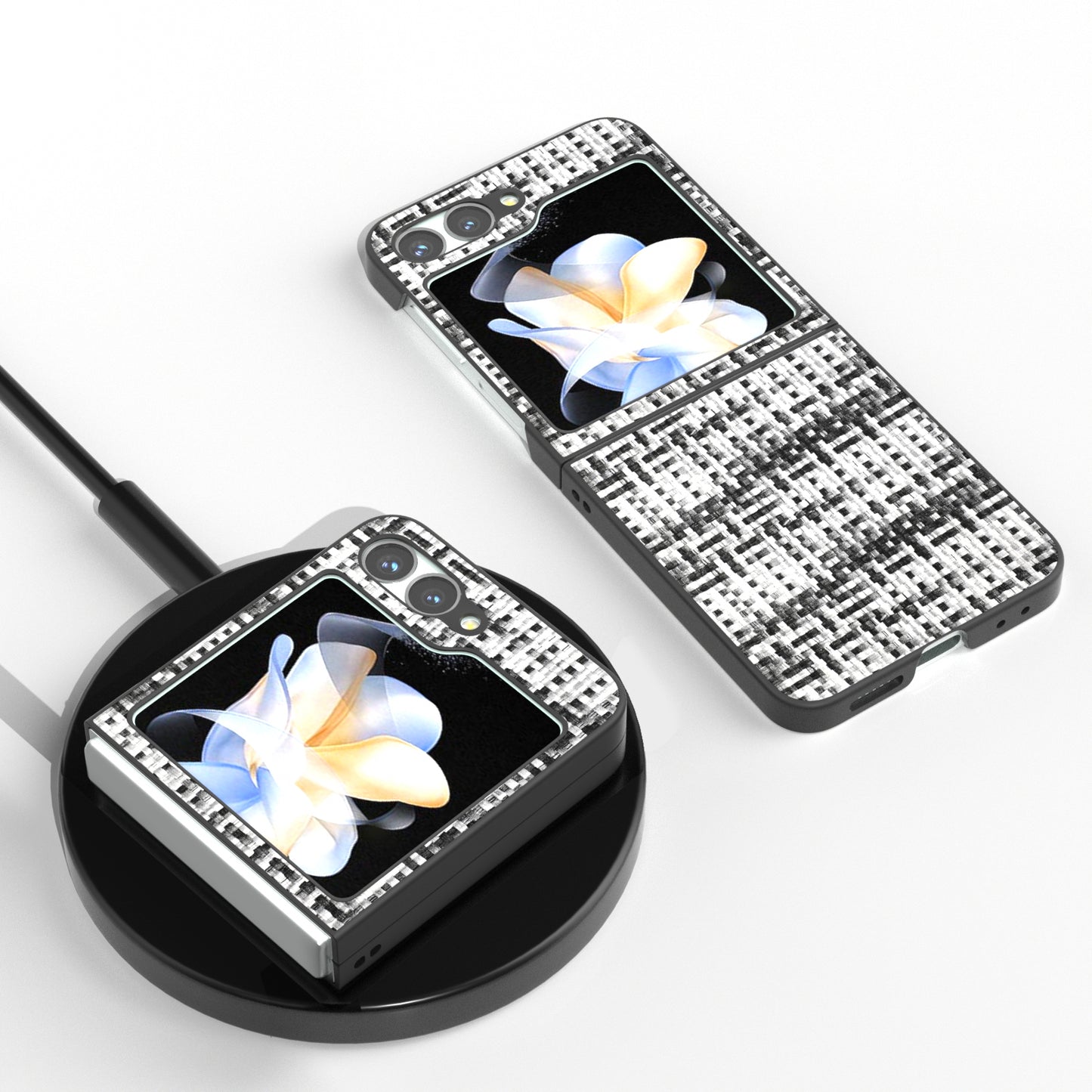 For Samsung Galaxy Z Flip6 5G Case Plaid Texture Leather+PC Folding Phone Cover - Black+White