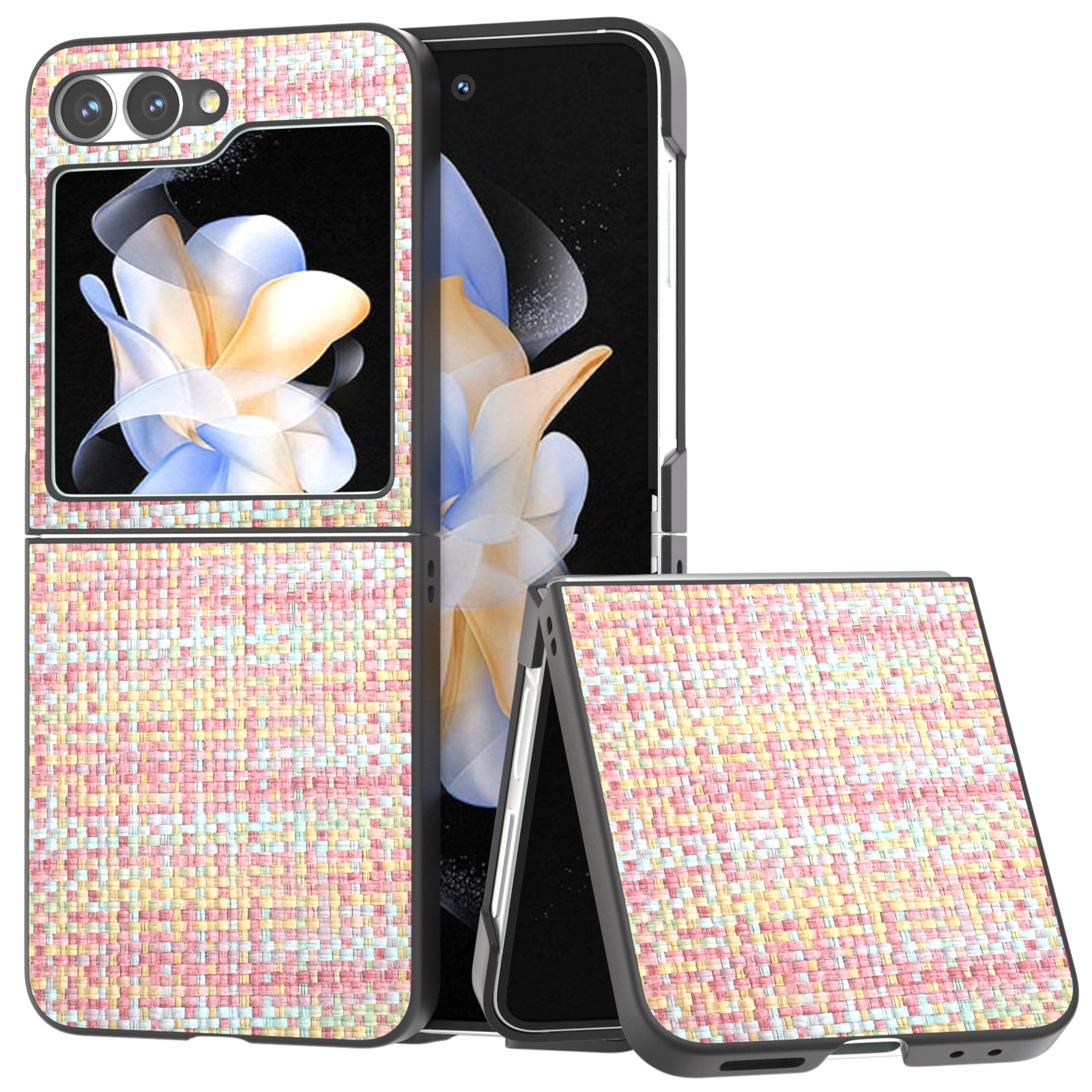 For Samsung Galaxy Z Flip6 5G Case Plaid Texture Leather+PC Folding Phone Cover - Pink