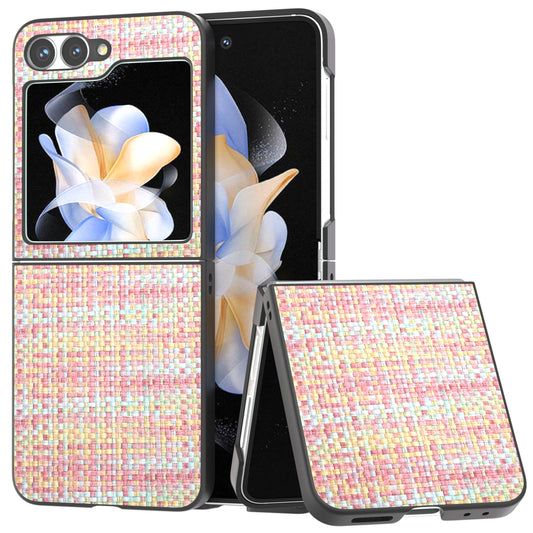 For Samsung Galaxy Z Flip6 5G Case Plaid Texture Leather+PC Folding Phone Cover - Pink