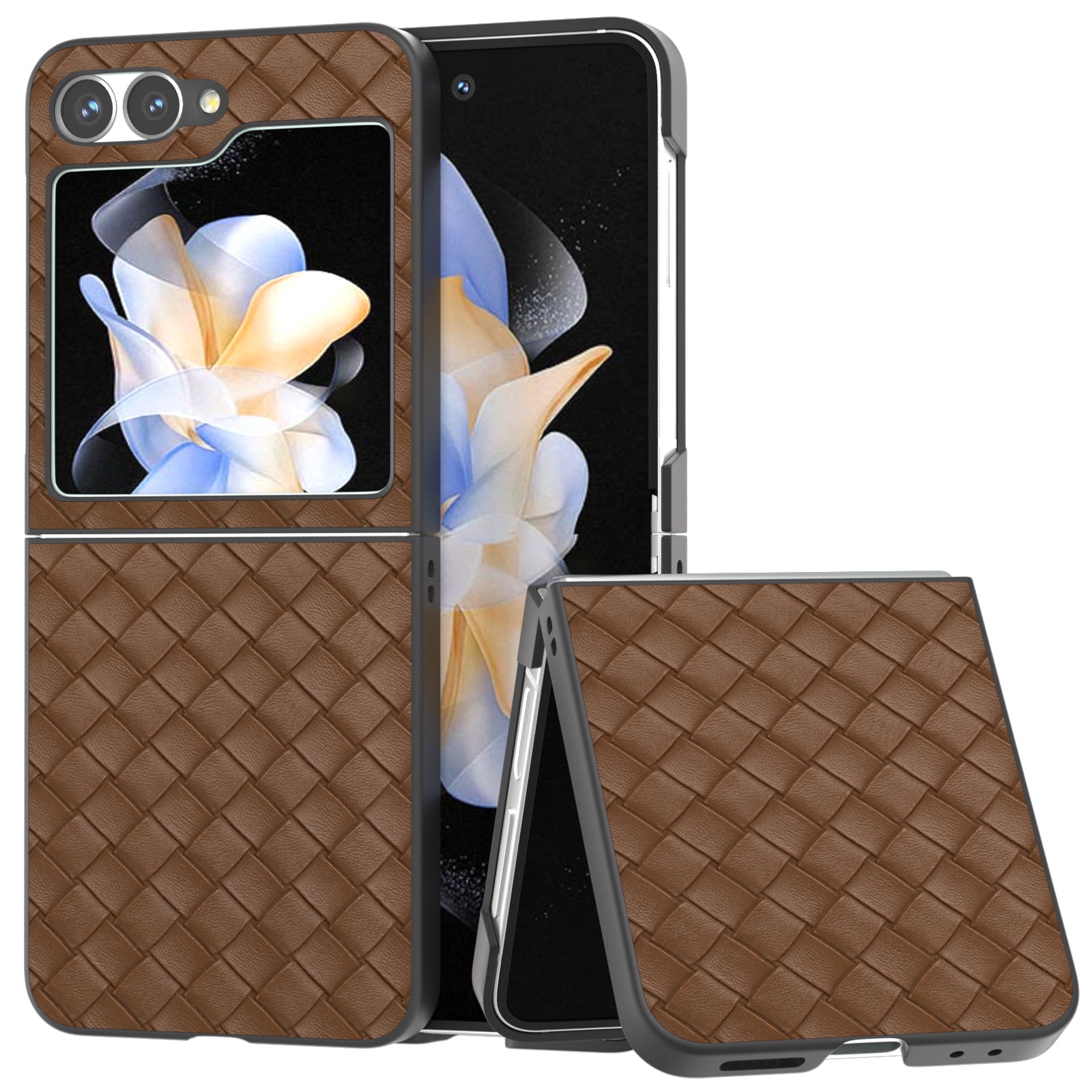 For Samsung Galaxy Z Flip6 5G Case Woven Texture Leather+PC Protective Phone Cover - Brown