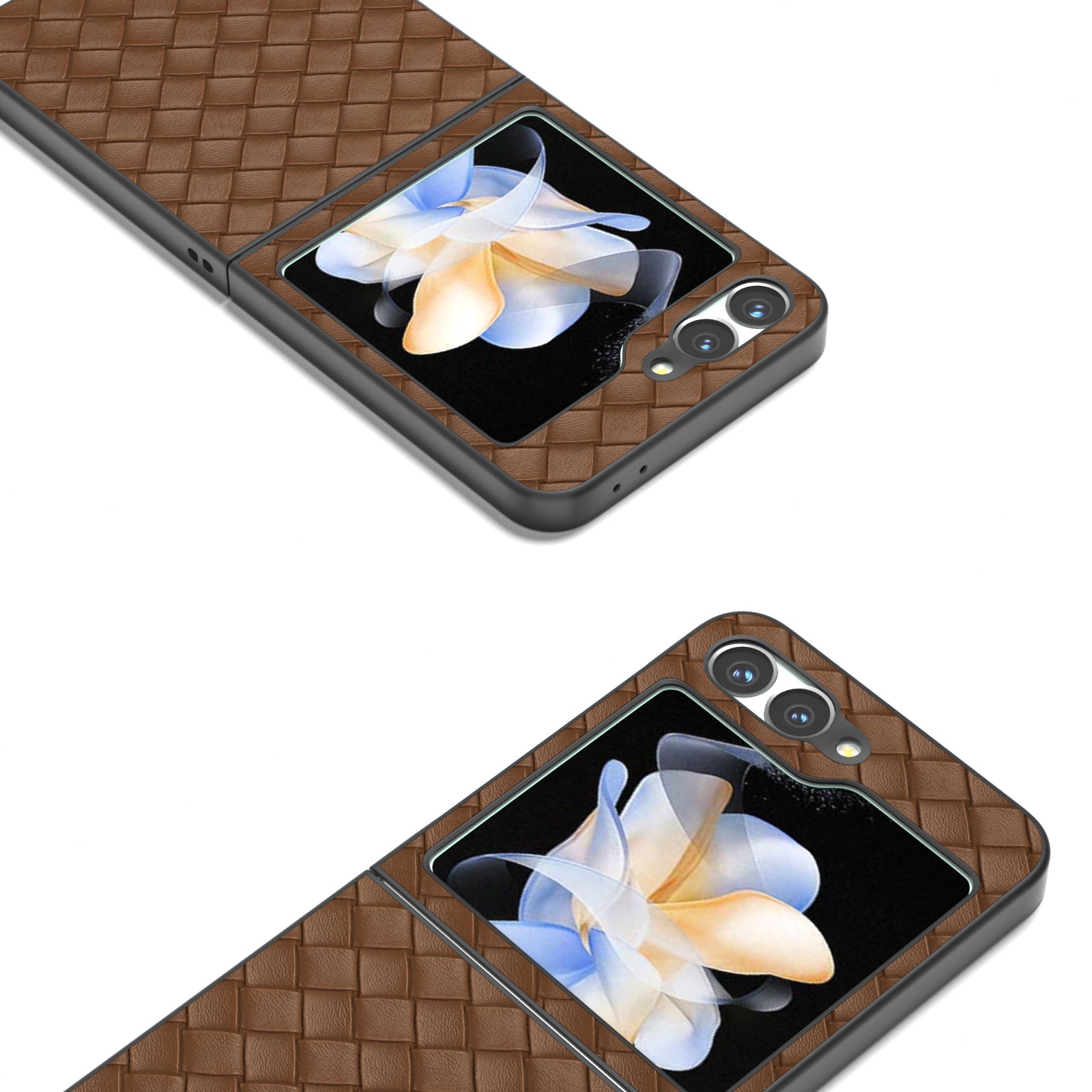 For Samsung Galaxy Z Flip6 5G Case Woven Texture Leather+PC Protective Phone Cover - Brown