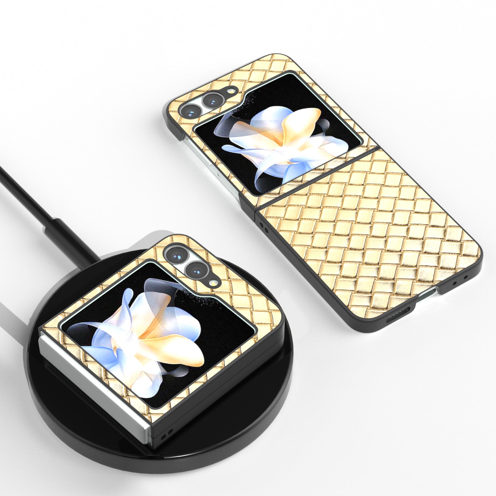 For Samsung Galaxy Z Flip6 5G Case Woven Texture Leather+PC Protective Phone Cover - Gold