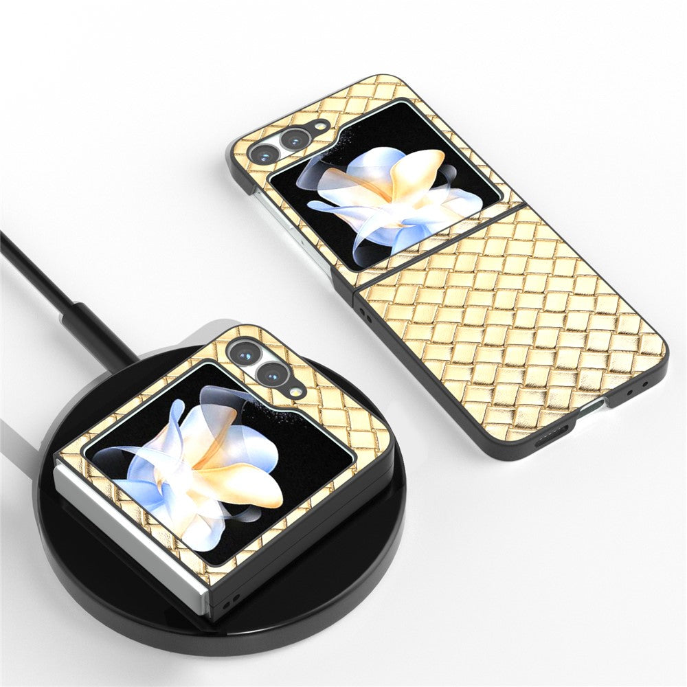 For Samsung Galaxy Z Flip7 FE 5G / Z Flip6 5G Case Woven Texture Leather+PC Protective Phone Cover - Gold