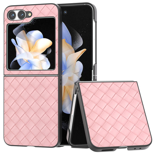 For Samsung Galaxy Z Flip6 5G Case Woven Texture Leather+PC Protective Phone Cover - Pink
