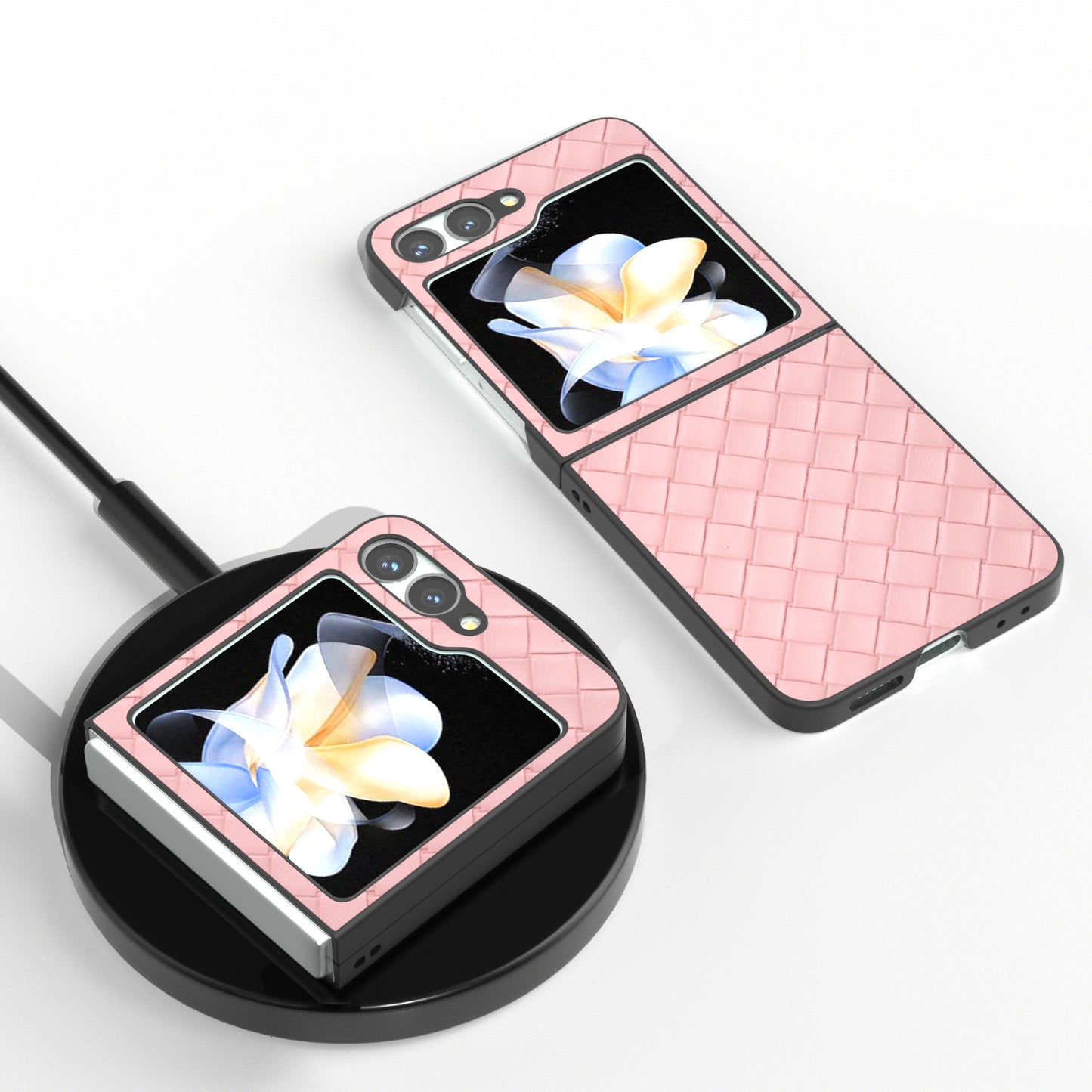 For Samsung Galaxy Z Flip6 5G Case Woven Texture Leather+PC Protective Phone Cover - Pink
