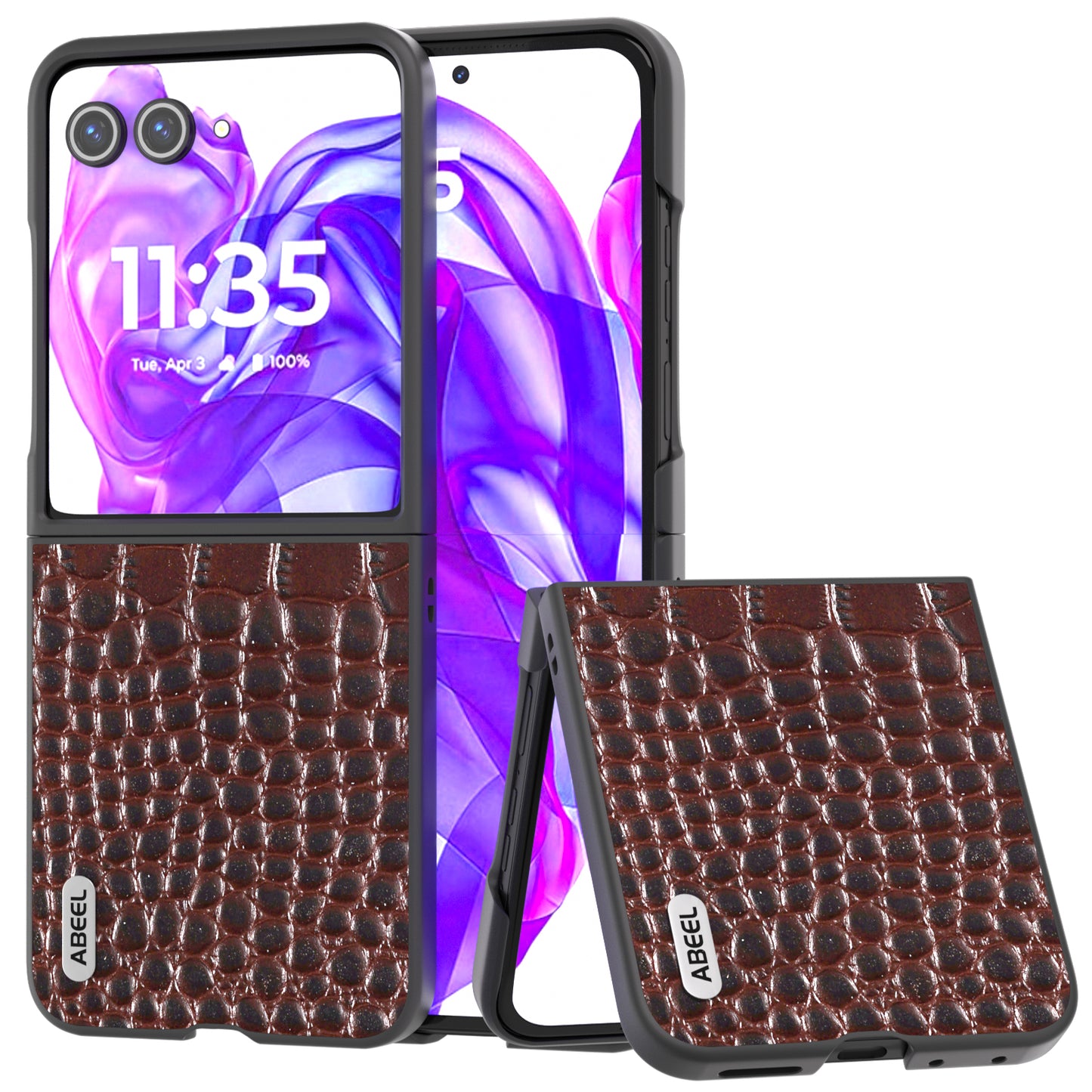 ABEEL For Motorola Razr 50 Ultra 5G Case Genuine Cow Leather Back Phone Cover Crocodile Texture - Coffee