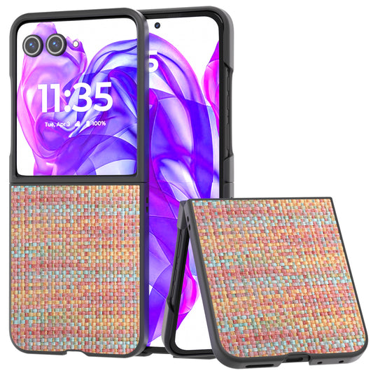 For Motorola Razr 50 Ultra 5G Case Plaid Texture Leather Coated PC Phone Cover - Orange Red