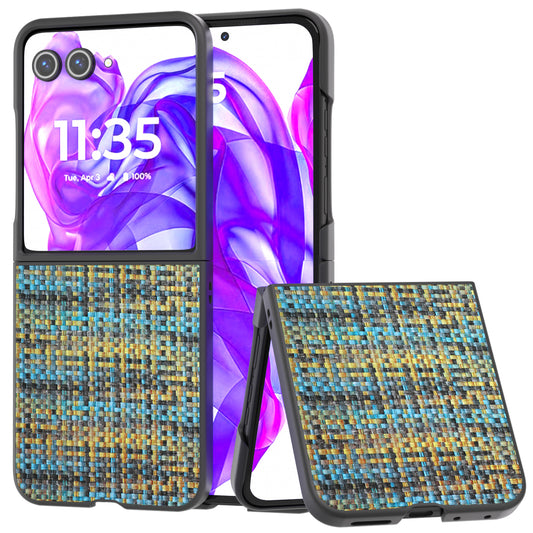 For Motorola Razr 50 Ultra 5G Case Plaid Texture Leather Coated PC Phone Cover - Gold