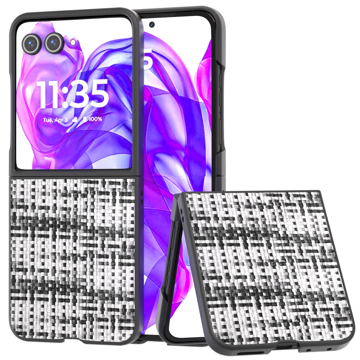For Motorola Razr 50 Ultra 5G Case Plaid Texture Leather Coated PC Phone Cover - Black+White