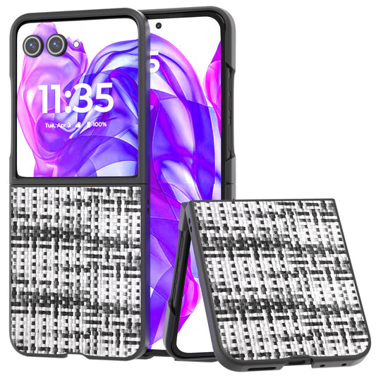 For Motorola Razr 50 Ultra 5G Case Plaid Texture Leather Coated PC Phone Cover - Black+White