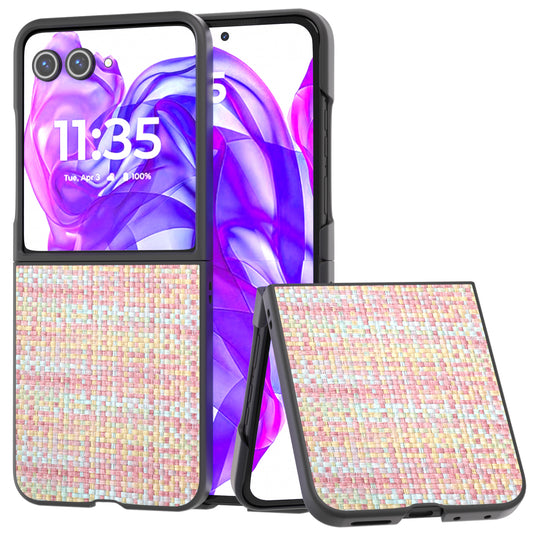 For Motorola Razr 50 Ultra 5G Case Plaid Texture Leather Coated PC Phone Cover - Pink