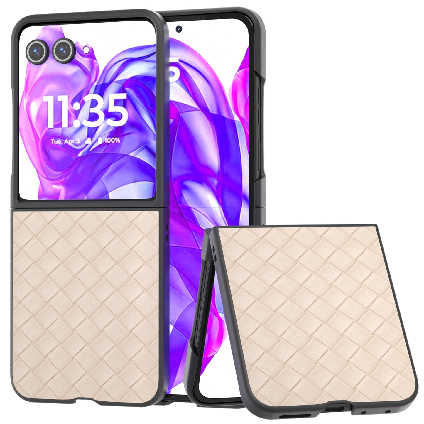 For Motorola Razr 50 Ultra 5G Case Woven Texture PU Leather Coated PC Folding Phone Cover - Beige