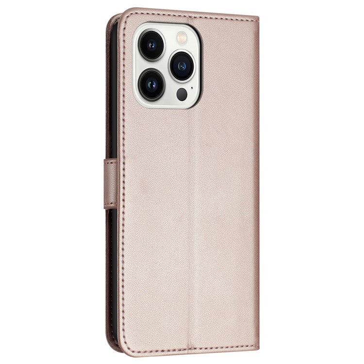 For iPhone 16 Pro Wallet Phone Case Leather Stand Cover with Strap - Rose Gold