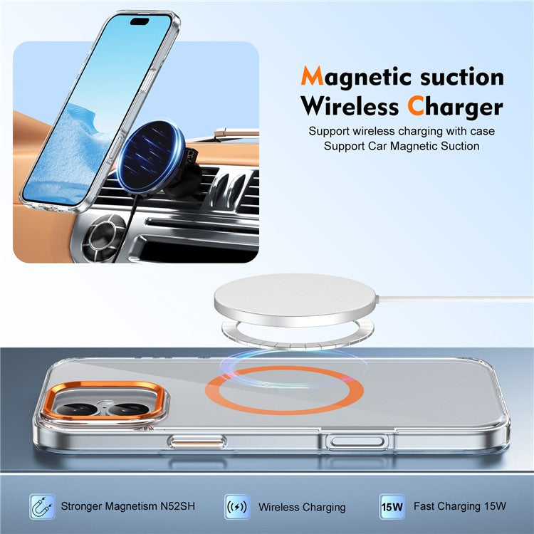 For iPhone 16 Magnetic Case Hard PC Scratch Resistant Back Transparent  Cover - Orange