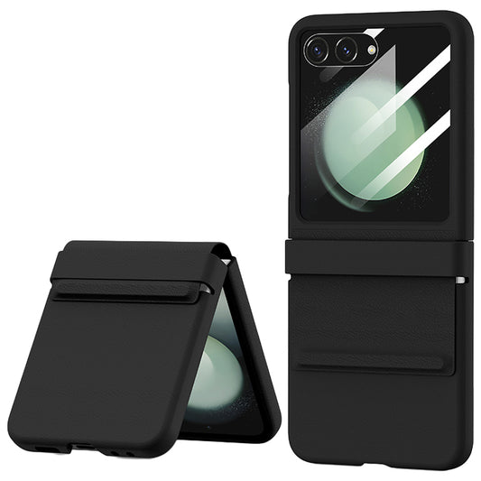 For Samsung Galaxy Z Flip6 5G Case Anti-Scratch Leather+PC Phone Cover with Rear Screen Film - Black