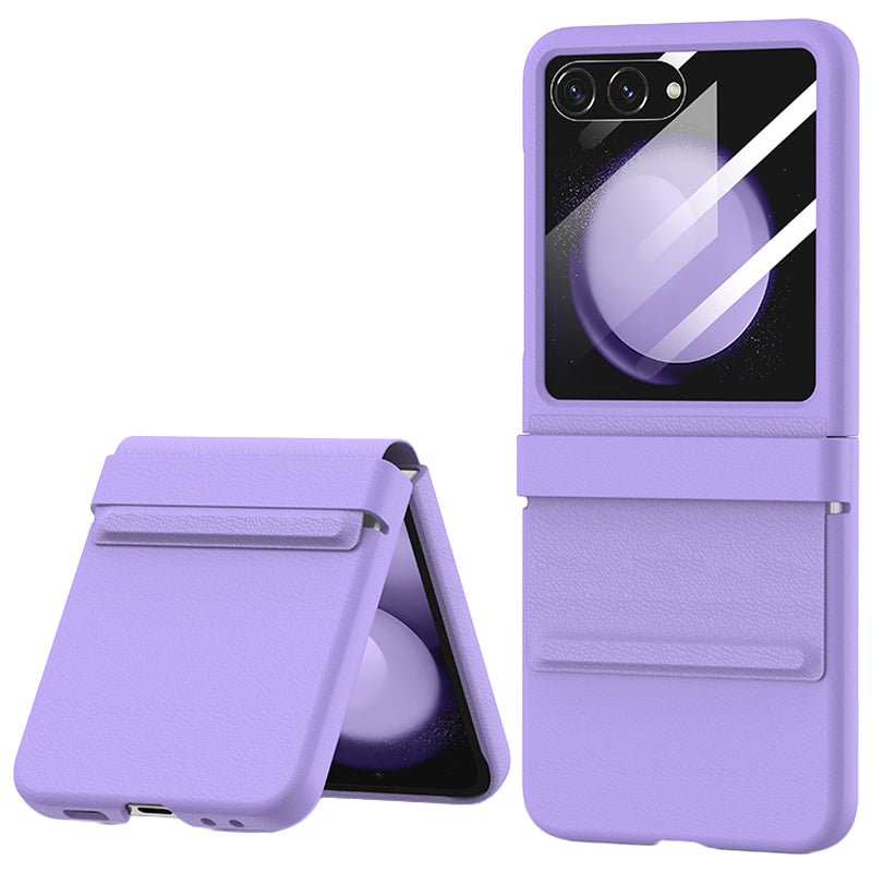 For Samsung Galaxy Z Flip6 5G Case Anti-Scratch Leather+PC Phone Cover with Rear Screen Film - Purple