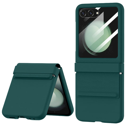 For Samsung Galaxy Z Flip6 5G Case Anti-Scratch Leather+PC Phone Cover with Rear Screen Film - Green