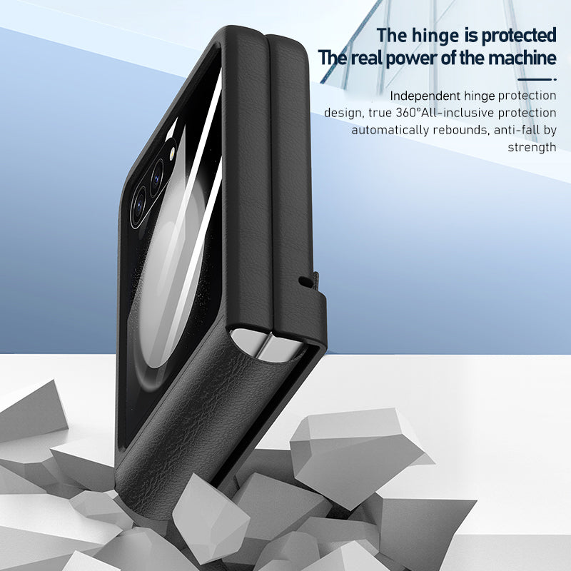 For Samsung Galaxy Z Flip6 5G Case Anti-Scratch Leather+PC Phone Cover with Rear Screen Film - Grey
