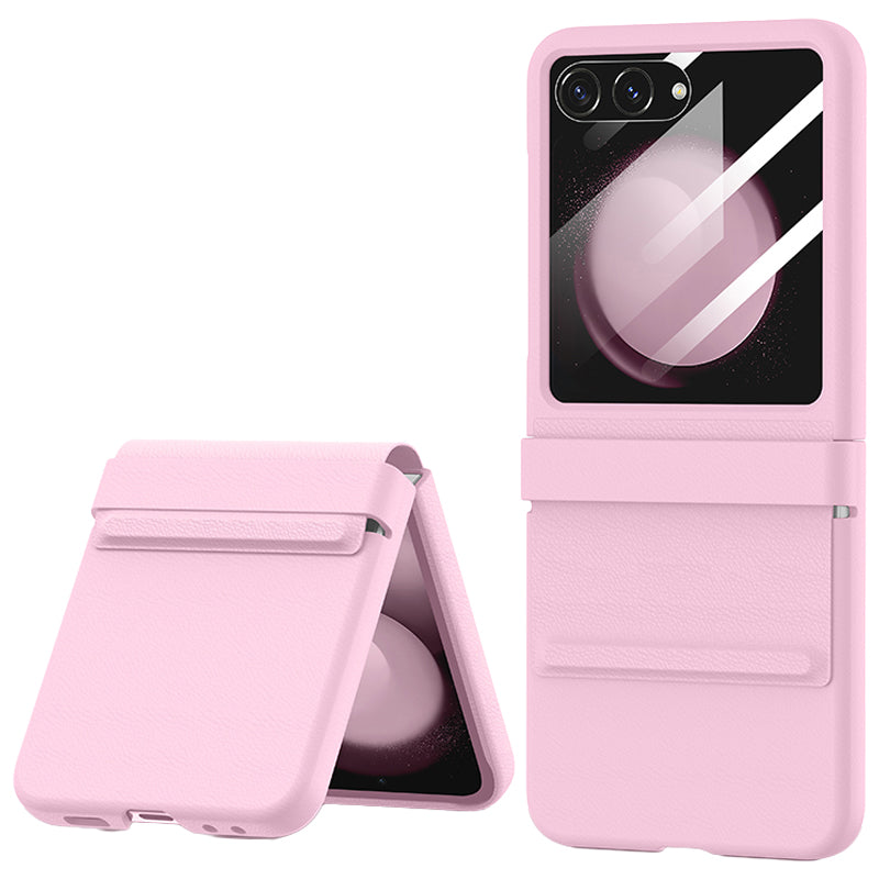 For Samsung Galaxy Z Flip6 5G Case Anti-Scratch Leather+PC Phone Cover with Rear Screen Film - Pink
