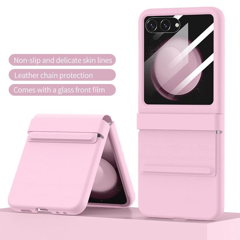 For Samsung Galaxy Z Flip6 5G Case Anti-Scratch Leather+PC Phone Cover with Rear Screen Film - Pink