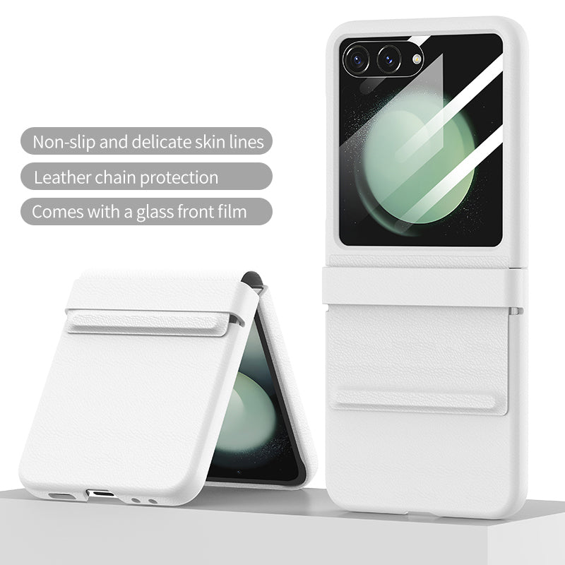 For Samsung Galaxy Z Flip6 5G Case Anti-Scratch Leather+PC Phone Cover with Rear Screen Film - White