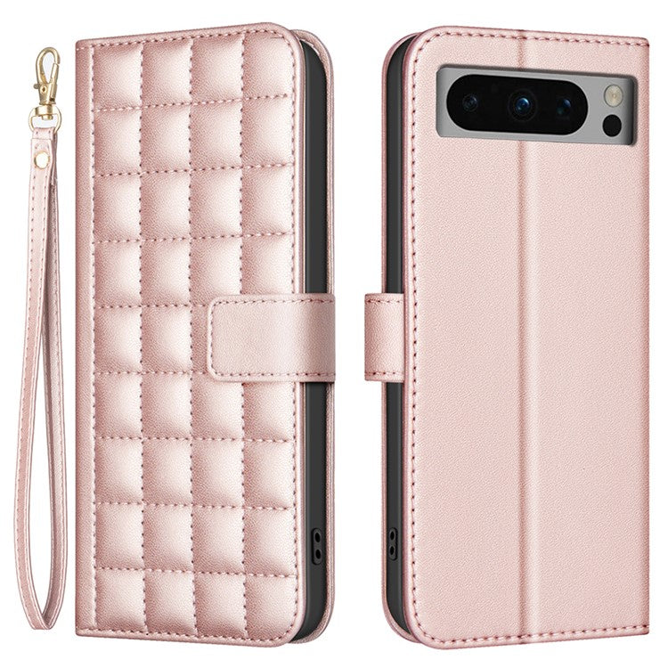 BINFEN COLOR BF34 for Google Pixel 8 Pro Case Leather Phone Cover Square Grid Pattern - Rose Gold