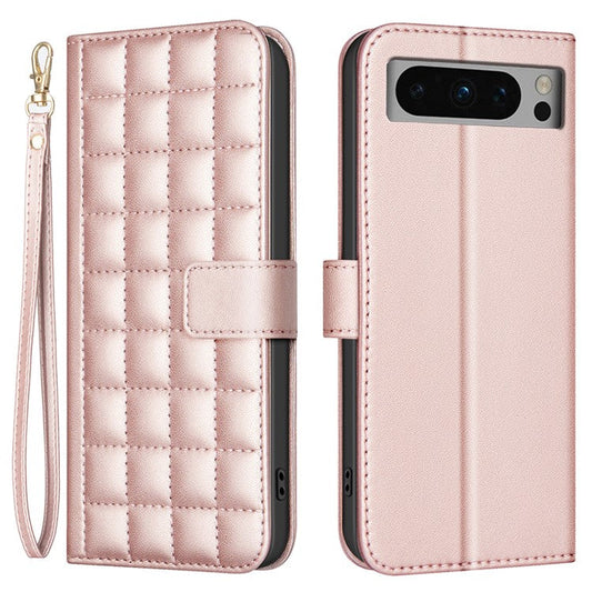 BINFEN COLOR BF34 for Google Pixel 8 Pro Case Leather Phone Cover Square Grid Pattern - Rose Gold