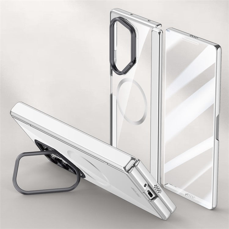 For Samsung Galaxy Z Fold6 5G Clear Case PC+Acrylic Kickstand Magnetic Phone Cover with Screen Film - Silver