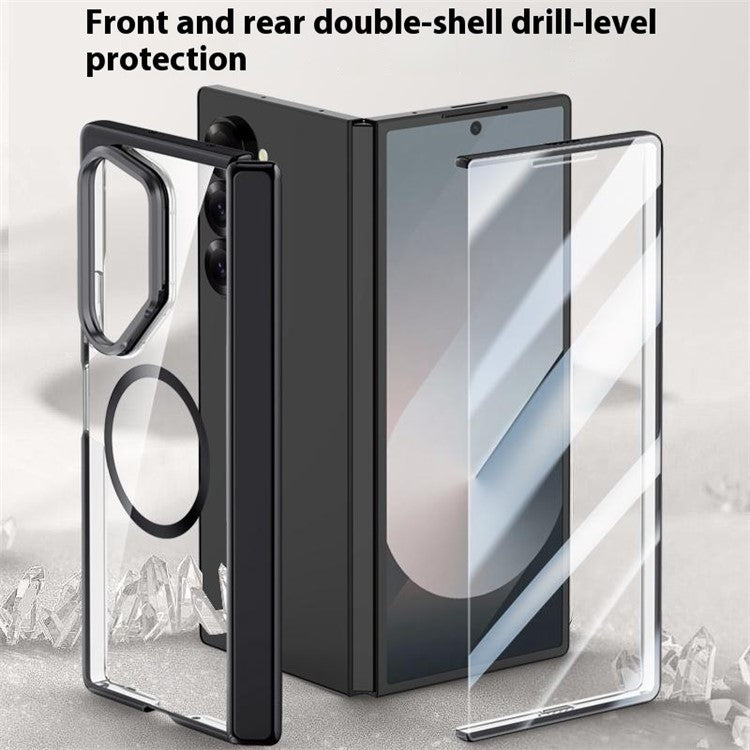 For Samsung Galaxy Z Fold6 5G Clear Case PC+Acrylic Kickstand Magnetic Phone Cover with Screen Film - Silver