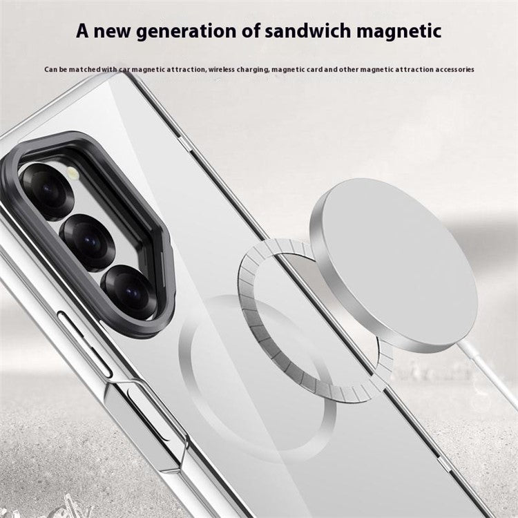For Samsung Galaxy Z Fold6 5G Clear Case PC+Acrylic Kickstand Magnetic Phone Cover with Screen Film - Silver