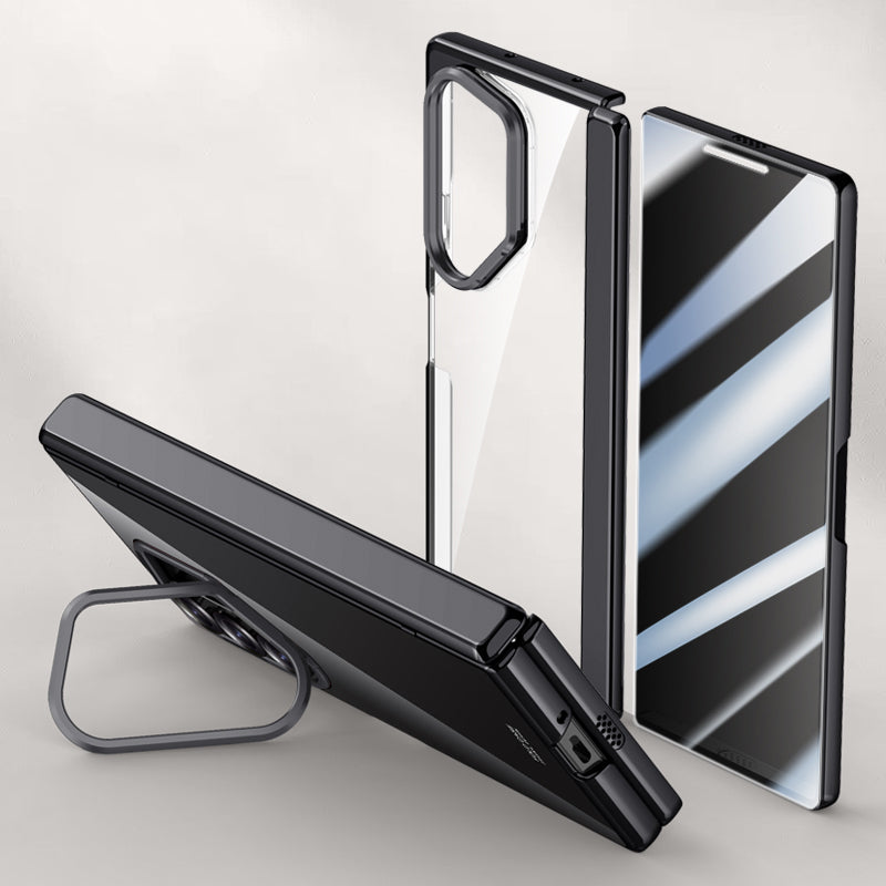 For Samsung Galaxy Z Fold6 5G Clear Case PC+Acrylic Kickstand Phone Cover with Anti-Peep Screen Protector - Black